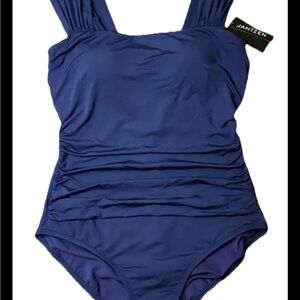 Jantzen One-Piece Swimsuit sz 16 flattering Navy square neckline wide strap Azur